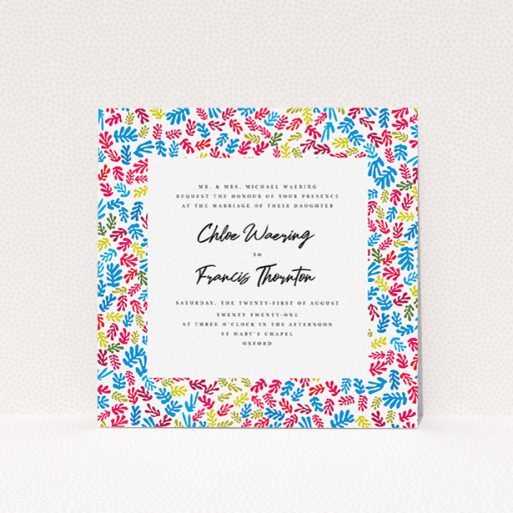 Personalised Wedding Invite Design - "Cut Out-esque Frame" A personalised wedding invite named "Cut Out-esque Frame". It is a square (148mm x 148mm) invite in a square orientation. "Cut Out-esque Frame" is available as a flat invite, with tones of white and blue.