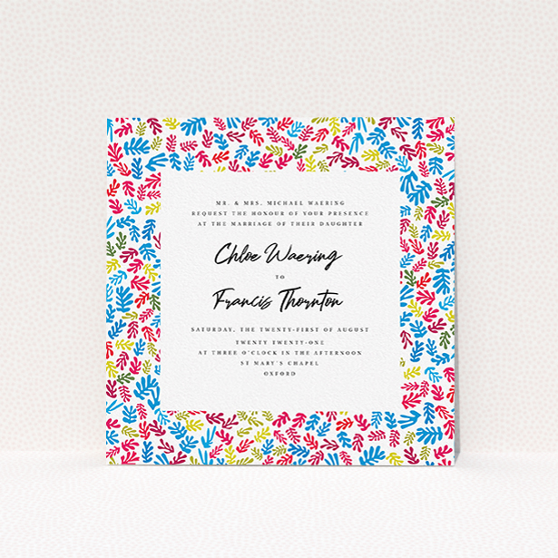 A personalised wedding invite named "Cut Out-esque Frame". It is a square (148mm x 148mm) invite in a square orientation. "Cut Out-esque Frame" is available as a flat invite, with tones of white and blue.