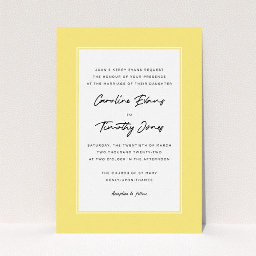 Personalised Wedding Invite Design - "Daisy Yellow" A personalised wedding invite template titled "Daisy Yellow". It is an A5 invite in a portrait orientation. "Daisy Yellow" is available as a flat invite, with tones of yellow and white.