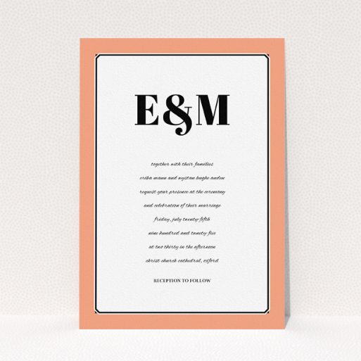 Personalised Wedding Invite Design - "Deco orange" A personalised wedding invite design called "Deco orange". It is an A5 invite in a portrait orientation. "Deco orange" is available as a flat invite, with tones of orange and black.