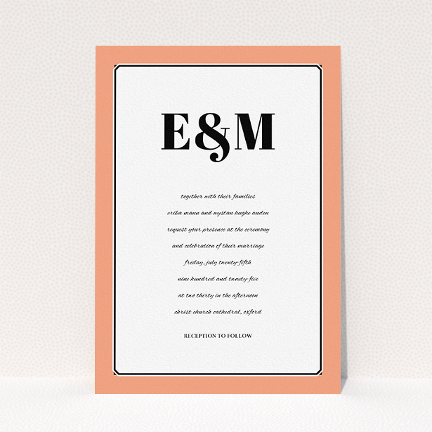 A personalised wedding invite design called "Deco orange". It is an A5 invite in a portrait orientation. "Deco orange" is available as a flat invite, with tones of orange and black.