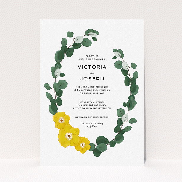 A personalised wedding invite design titled "Eucalyptus Arrangement". It is an A5 invite in a portrait orientation. "Eucalyptus Arrangement" is available as a flat invite, with tones of dark green and yellow.