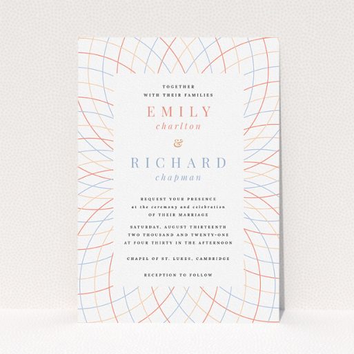 Personalised Wedding Invite Design - "Figure Lines" A personalised wedding invite named "Figure Lines". It is an A5 invite in a portrait orientation. "Figure Lines" is available as a flat invite, with tones of white, orange and red.