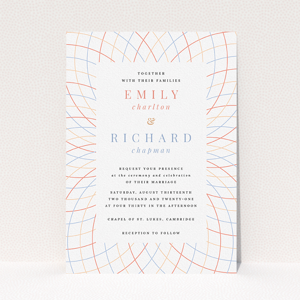 A personalised wedding invite named "Figure Lines". It is an A5 invite in a portrait orientation. "Figure Lines" is available as a flat invite, with tones of white, orange and red.