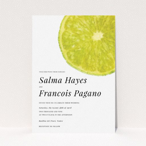 Personalised Wedding Invite Design - "Fresh lime" A personalised wedding invite design called "Fresh lime". It is an A5 invite in a portrait orientation. "Fresh lime" is available as a flat invite, with tones of green and white.