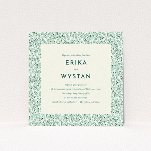 Personalised Wedding Invite Design - "From the hedge" A personalised wedding invite design called "From the hedge". It is a square (148mm x 148mm) invite in a square orientation. "From the hedge" is available as a flat invite, with mainly green colouring.