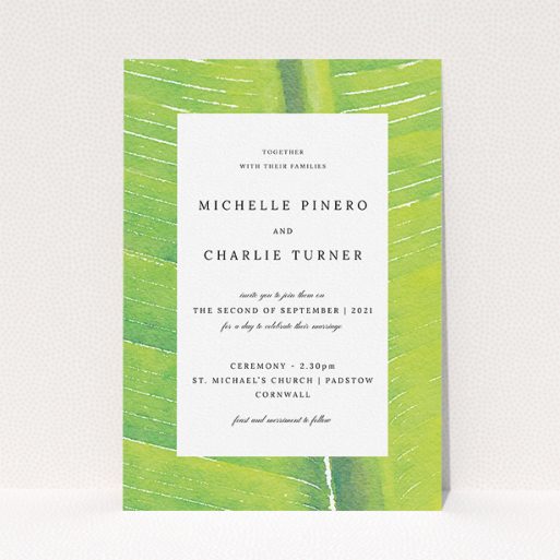 Personalised Wedding Invite Design - "Full Jungle" A personalised wedding invite template titled "Full Jungle". It is an A5 invite in a portrait orientation. "Full Jungle" is available as a flat invite, with tones of green and white.