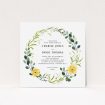 A personalised wedding invite design called "Full Summer Wreath". It is a square (148mm x 148mm) invite in a square orientation. "Full Summer Wreath" is available as a flat invite, with tones of light green, dark green and yellow.