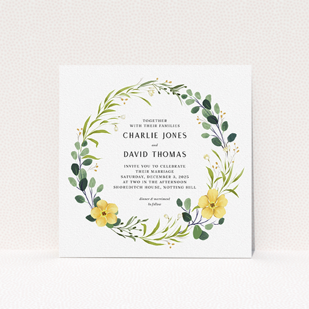 A personalised wedding invite design called "Full Summer Wreath". It is a square (148mm x 148mm) invite in a square orientation. "Full Summer Wreath" is available as a flat invite, with tones of light green, dark green and yellow.