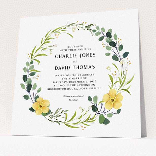 A personalised wedding invite design called "Full Summer Wreath". It is a square (148mm x 148mm) invite in a square orientation. "Full Summer Wreath" is available as a flat invite, with tones of light green, dark green and yellow.