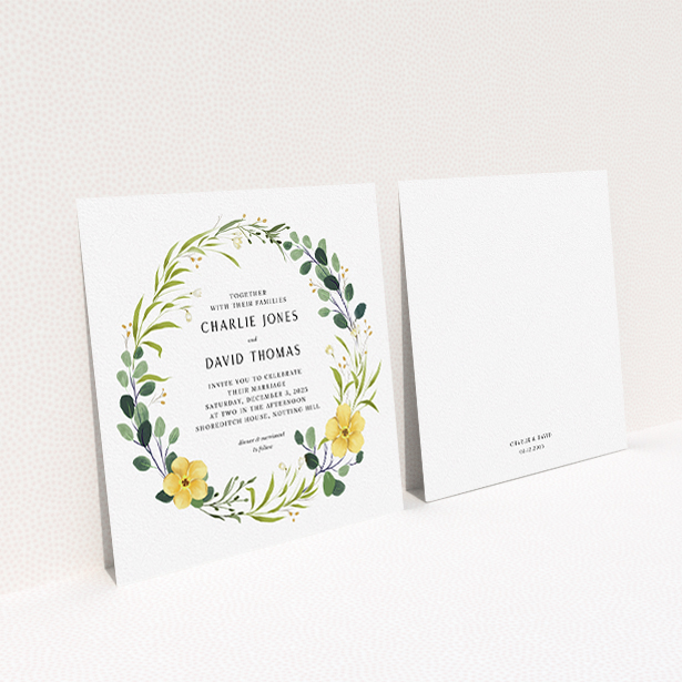 A personalised wedding invite design called "Full Summer Wreath". It is a square (148mm x 148mm) invite in a square orientation. "Full Summer Wreath" is available as a flat invite, with tones of light green, dark green and yellow.