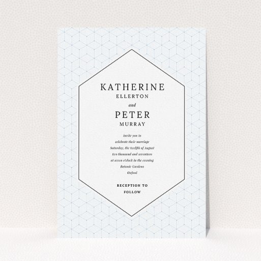 Personalised Wedding Invite Design - "Geometric grid" A personalised wedding invite called "Geometric grid". It is an A5 invite in a portrait orientation. "Geometric grid" is available as a flat invite, with tones of blue and white.