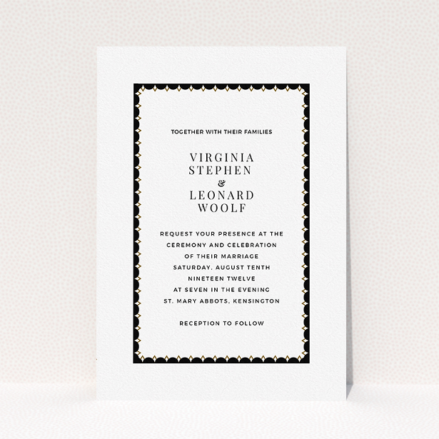 A personalised wedding invite design titled "Golden black stage". It is an A5 invite in a portrait orientation. "Golden black stage" is available as a flat invite, with tones of black and white.