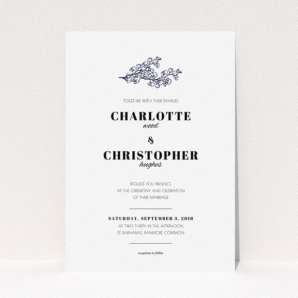 A personalised wedding invite template titled "Greek island". It is an A5 invite in a portrait orientation. "Greek island" is available as a flat invite, with tones of white and Navy blue.