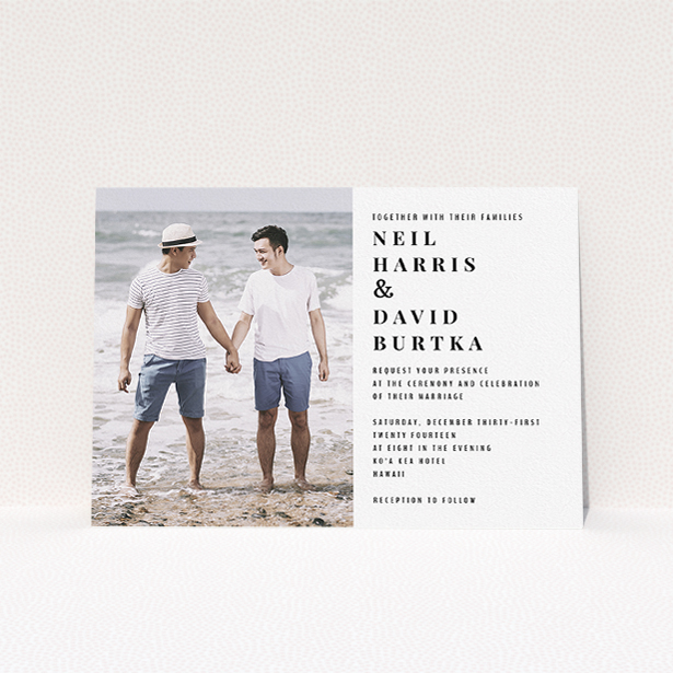 A personalised wedding invite design called "Half full". It is an A5 invite in a landscape orientation. It is a photographic personalised wedding invite with room for 1 photo. "Half full" is available as a flat invite, with mainly white colouring.