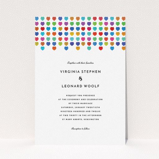 Personalised Wedding Invite Design - "Heart cascade" A personalised wedding invite design titled "Heart cascade". It is an A5 invite in a portrait orientation. "Heart cascade" is available as a flat invite, with tones of white, orange and red.