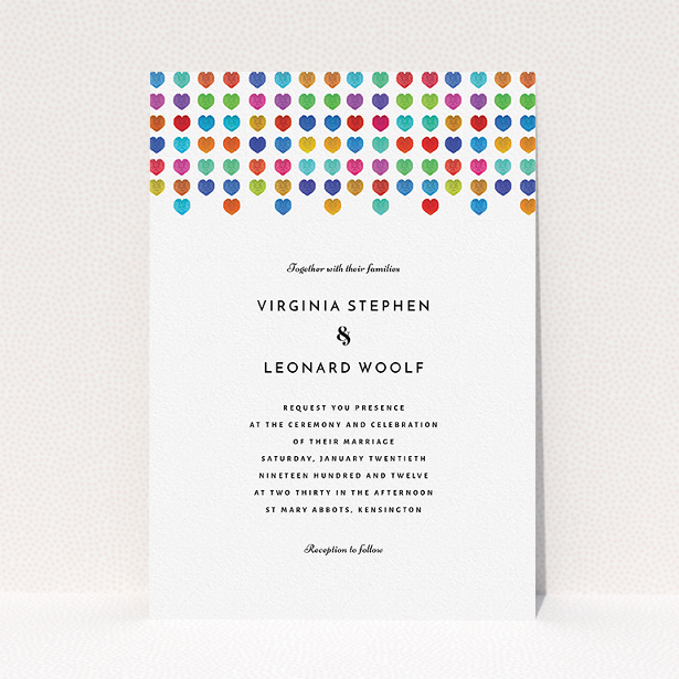 A personalised wedding invite design titled "Heart cascade". It is an A5 invite in a portrait orientation. "Heart cascade" is available as a flat invite, with tones of white, orange and red.