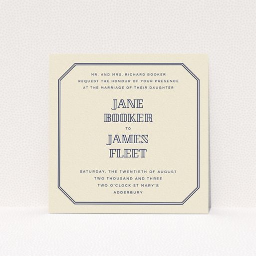 Personalised Wedding Invitation - In Between The Lines Square (Cream) A personalised wedding invite design titled "In between the lines square". It is a square (148mm x 148mm) invite in a square orientation. "In between the lines square" is available as a flat invite, with tones of cream and navy blue.