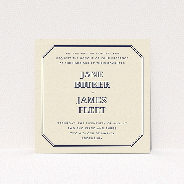 A personalised wedding invite design titled "In between the lines square". It is a square (148mm x 148mm) invite in a square orientation. "In between the lines square" is available as a flat invite, with tones of cream and navy blue.