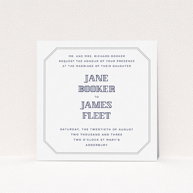 A personalised wedding invite design named "In between the lines square". It is a square (148mm x 148mm) invite in a square orientation. "In between the lines square" is available as a flat invite, with tones of grey and white.