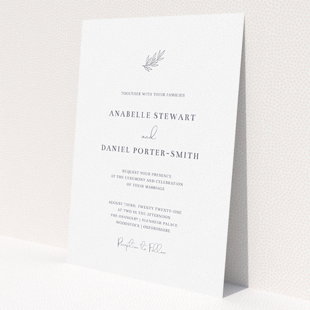 A personalised wedding invite design titled "Just that simple". It is an A5 invite in a portrait orientation. "Just that simple" is available as a flat invite, with tones of white and grey.