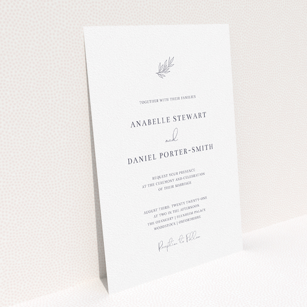 A personalised wedding invite design titled "Just that simple". It is an A5 invite in a portrait orientation. "Just that simple" is available as a flat invite, with tones of white and grey.