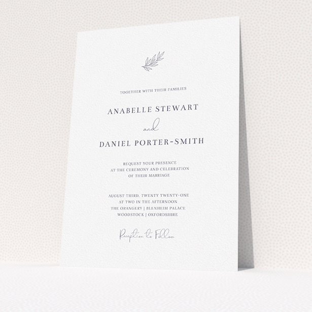 A personalised wedding invite design titled "Just that simple". It is an A5 invite in a portrait orientation. "Just that simple" is available as a flat invite, with tones of white and grey.
