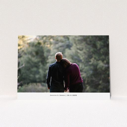 Personalised Wedding Invite Design - "Landscape Photo" A personalised wedding invite design named "Landscape Photo". It is an A5 invite in a landscape orientation. It is a photographic personalised wedding invite with room for 1 photo. "Landscape Photo" is available as a flat invite, with mainly white colouring.