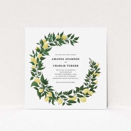 Personalised Wedding Invite Design - "Lemon Wreath" A personalised wedding invite called "Lemon Wreath". It is a square (148mm x 148mm) invite in a square orientation. "Lemon Wreath" is available as a flat invite, with tones of green and yellow.