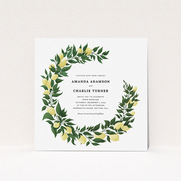 A personalised wedding invite called "Lemon Wreath". It is a square (148mm x 148mm) invite in a square orientation. "Lemon Wreath" is available as a flat invite, with tones of green and yellow.