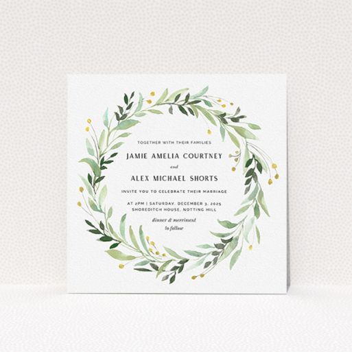 Personalised Wedding Invite Design - "Light Floral Wreath" A personalised wedding invite design named "Light Floral Wreath". It is a square (148mm x 148mm) invite in a square orientation. "Light Floral Wreath" is available as a flat invite, with tones of ice blue, light green and yellow.