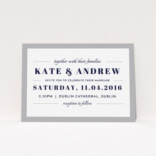 Personalised Wedding Invitation - Lines With A Thick Border (Grey) A personalised wedding invite template titled "Lines with a thick border". It is an A5 invite in a landscape orientation. "Lines with a thick border" is available as a flat invite, with tones of grey and white.