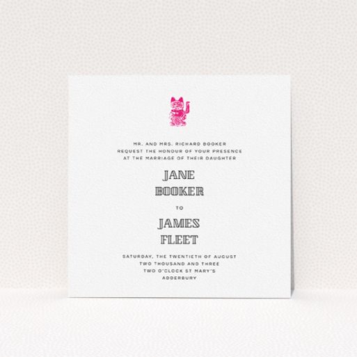 Personalised Wedding Invitation - Lucky Cat (Black) A personalised wedding invite design named "Lucky cat". It is a square (148mm x 148mm) invite in a square orientation. "Lucky cat" is available as a flat invite, with tones of white and pink.
