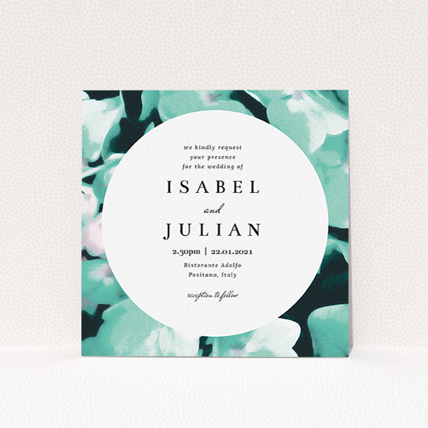 A personalised wedding invite design titled "Mint Night Garden". It is a square (148mm x 148mm) invite in a square orientation. "Mint Night Garden" is available as a flat invite, with tones of green, blue and midnight green.