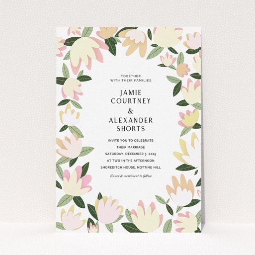 Personalised Wedding Invite Design - "Modern Floral" A personalised wedding invite design named "Modern Floral". It is an A5 invite in a portrait orientation. "Modern Floral" is available as a flat invite, with tones of cream, yellow and light green.