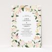 A personalised wedding invite design named "Modern Floral". It is an A5 invite in a portrait orientation. "Modern Floral" is available as a flat invite, with tones of cream, yellow and light green.