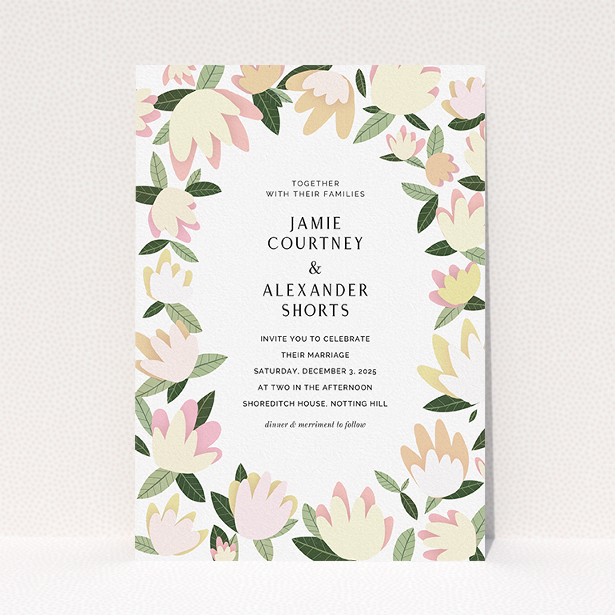 A personalised wedding invite design named "Modern Floral". It is an A5 invite in a portrait orientation. "Modern Floral" is available as a flat invite, with tones of cream, yellow and light green.