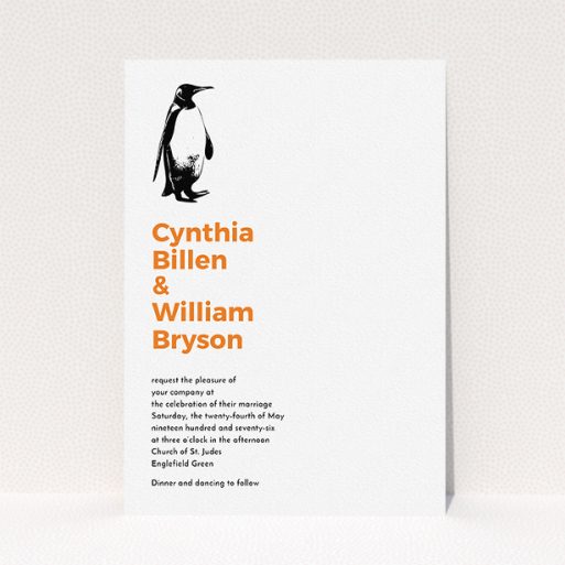 Personalised Wedding Invitation - My Little Penguin (Orange) A personalised wedding invite design called "My little penguin". It is an A5 invite in a portrait orientation. "My little penguin" is available as a flat invite, with tones of white and orange.