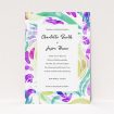 A personalised wedding invite called "Neon Florals". It is an A6 invite in a portrait orientation. "Neon Florals" is available as a flat invite, with tones of white and green.