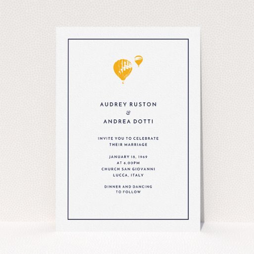 Wedding Invitation Card - Off And Away (Navy Blue) A personalised wedding invite design called "Off and away". It is an A5 invite in a portrait orientation. "Off and away" is available as a flat invite, with tones of white and orange.