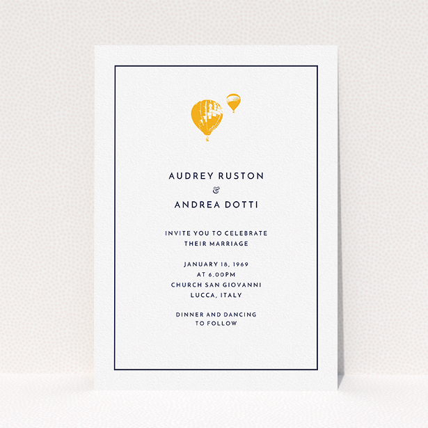 A personalised wedding invite design called "Off and away". It is an A5 invite in a portrait orientation. "Off and away" is available as a flat invite, with tones of white and orange.