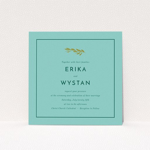 Wedding Invitation Card - Olive Branch Stamp (Green) A personalised wedding invite design named "Olive branch stamp". It is a square (148mm x 148mm) invite in a square orientation. "Olive branch stamp" is available as a flat invite, with mainly green colouring.