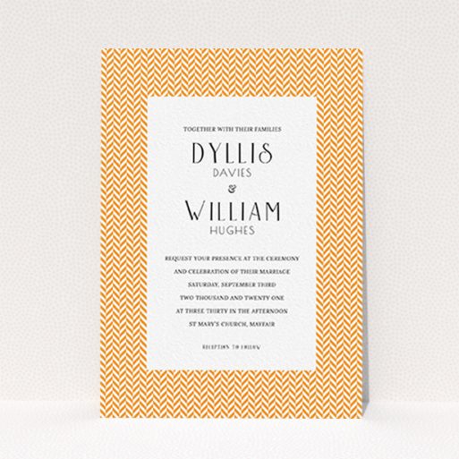 Personalised Wedding Invite Design - "Orange Houndstooth" A personalised wedding invite called "Orange Houndstooth". It is an A6 invite in a portrait orientation. "Orange Houndstooth" is available as a flat invite, with tones of orange and white.