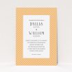 A personalised wedding invite called "Orange Houndstooth". It is an A6 invite in a portrait orientation. "Orange Houndstooth" is available as a flat invite, with tones of orange and white.