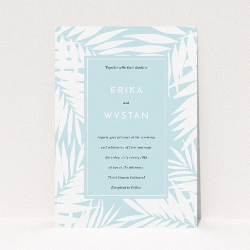 Personalised Wedding Invite Design - "Pastel Jungle" A personalised wedding invite design called "Pastel Jungle". It is an A5 invite in a portrait orientation. "Pastel Jungle" is available as a flat invite, with tones of green and white.