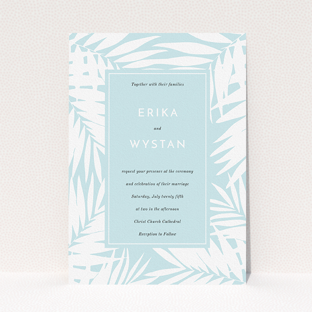 A personalised wedding invite design called "Pastel Jungle". It is an A5 invite in a portrait orientation. "Pastel Jungle" is available as a flat invite, with tones of green and white.