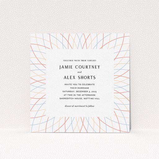 Personalised Wedding Invite Design - "Pastel Lines" A personalised wedding invite template titled "Pastel Lines". It is a square (148mm x 148mm) invite in a square orientation. "Pastel Lines" is available as a flat invite, with tones of off-white and yellow.