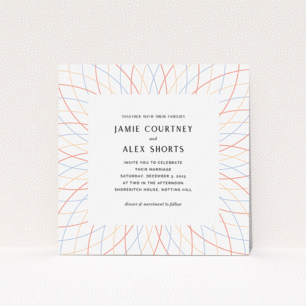 A personalised wedding invite template titled "Pastel Lines". It is a square (148mm x 148mm) invite in a square orientation. "Pastel Lines" is available as a flat invite, with tones of off-white and yellow.