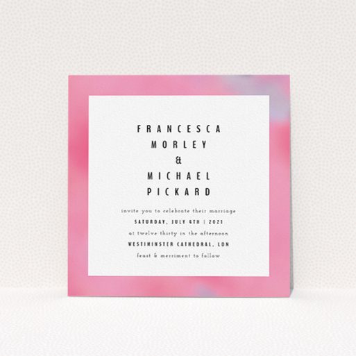 Personalised Wedding Invite Design - "Pink Blur" A personalised wedding invite design called "Pink Blur". It is a square (148mm x 148mm) invite in a square orientation. "Pink Blur" is available as a flat invite, with tones of pink, white and light purple.