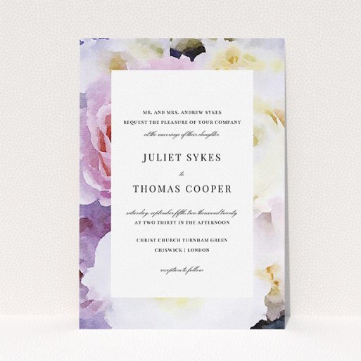 Personalised Wedding Invite Design - "Pink Rose Frame" A personalised wedding invite named "Pink Rose Frame". It is an A5 invite in a portrait orientation. "Pink Rose Frame" is available as a flat invite, with tones of light purple and pink.